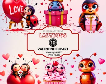 Conjunto de imágenes prediseñadas de mariquitas de San Valentín / Imágenes PNG de insectos adorables / Imágenes prediseñadas de dibujos animados de corazones rojos brillantes / Ilustración romántica de insectos / Descarga digital