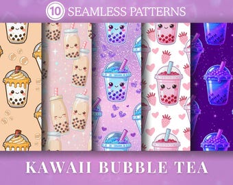 Kawaii Bubble Tea Seamless Digital Paper | Boba Cartoon Patterns | Bright Glossy JPG Scrapbook Papers | Seamless Kawaii Boba