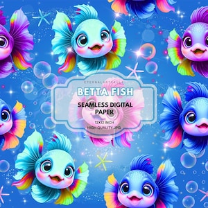 May include: Seamless digital paper featuring cartoon betta fish in shades of blue, purple, and green. The design includes bubbles, starfish, and the text "Betta Fish Seamless Digital Paper 12x12 inch High Quality JPG".