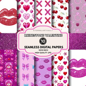 Puede incluir: Una colección de diez papeles digitales sin costuras con temática de San Valentín. Los diseños incluyen labios, corazones, lazos y cerezas de pedrería. Los papeles miden 30,48 cm x 30,48 cm y son de alta calidad.