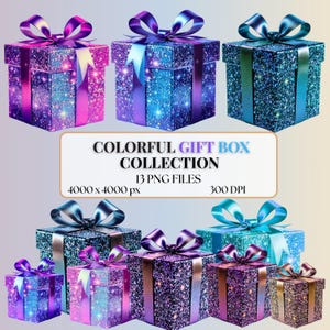 Colorful Gift Box PNG Clipart Bundle: Glitter Birthday Presents (Digital Download