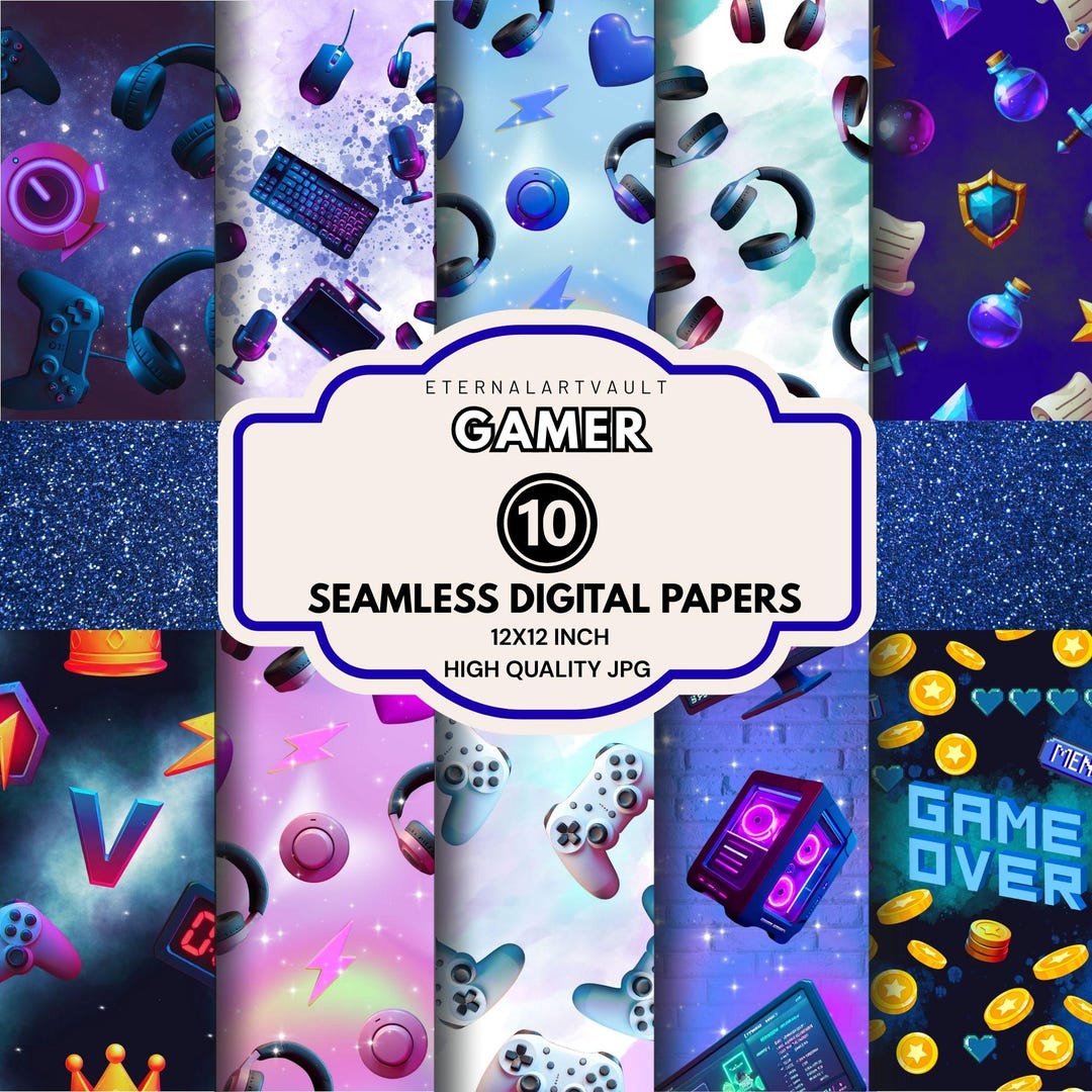 Gamer Seamless Digital Paper Pack | Gaming Clipart JPG | Video Gaming ...