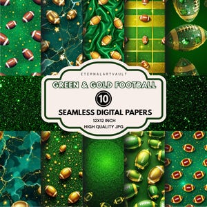 Può includere: Una collezione di dieci carte digitali senza cuciture a tema football americano verde e oro. I disegni presentano palloni da football americano su vari sfondi, tra cui glitter, marmo e trame di tessuto. Le carte misurano 30,48 x 30,48 cm e sono di alta qualità.