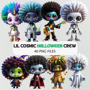 May include: A digital illustration featuring eight cartoon characters with large eyes and afro-style hair, each dressed in a Halloween costume. The text "LIL COSMIC HALLOWEEN CREW" and "40 PNG FILES" are displayed below the characters.