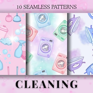 May include: Digital artwork showcasing 10 seamless patterns with cleaning-themed illustrations. The patterns feature washing machines, irons, spray bottles, and cleaning supplies in pastel shades. Text at the top reads "10 SEAMLESS PATTERNS" and "CLEANING" at the bottom.