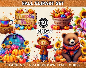 Może przedstawiać: Zestaw cyfrowych clipartów o tematyce jesiennej. Obraz przedstawia dynie, strachy na wróble, niedźwiedzia i stodołę. Tekst zawiera "Fall Clipart Set", "Pumpkin Patch" i "19 PNGs". Paleta kolorów obejmuje pomarańczowy, żółty, niebieski i brązowy.