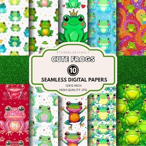 Può includere: Una collezione di dieci carte digitali senza cuciture con simpatici disegni di rane in vari colori e motivi. Le carte misurano 30,48 x 30,48 cm e sono in formato JPG di alta qualità. L'immagine include rane con corone, cuori e note musicali.