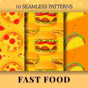 May include: Image of 10 seamless patterns featuring pizza, burgers, and tacos on yellow and orange backgrounds. The pizza has pepperoni and melted cheese. The burgers have cheese, lettuce, and tomato. The tacos are filled with meat and vegetables. The words "FAST FOOD" are at the bottom.