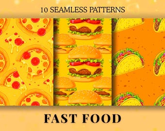 Fast Food Seamless Pattern, Junk Food Digital Paper Pack, Bold Food Illustration Background, Sublimation Design, Scrapbook Paper