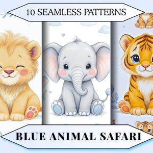 Blaue Safari Baby Tiere Musterdesign | Dschungel Kinderzimmer Digitales Papier | Neugeborene Tiertapete | Entzückendes Jungen-Scrapbook-Papier