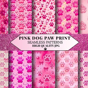 May include: A selection of pink seamless patterns showcasing dog paw prints. The designs incorporate paw prints, bows, Christmas trees, and other decorative elements. The image also includes the text "PINK DOG PAW PRINT SEAMLESS PATTERNS HIGH QUALITY JPG".