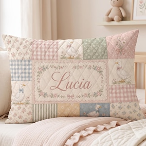 Personalized Quilt Pillow Cover, Baby Name Goose Printed Patchwork Pillowcase, Cottagecore Nursery Decor, Baby Girl Gift