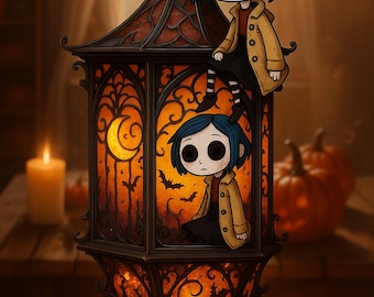 Coraaline Halloween Lantern Acrylic Suncatcher | Gothic Spooky Decor | Creepy Cute Coraaline Doll Lamp | Haunted House Pumpkin Candle Light