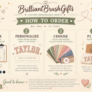 May include: An instructional graphic for BrilliantBrushGifts custom embroidered shirts. It outlines four steps: choosing size and color, personalizing with a name, selecting a color theme from fabric swatches, and placing an order for a sweatshirt.