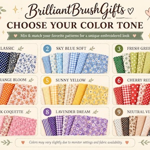 May include: A color chart titled BrilliantBrushGifts featuring nine numbered fabric sets in various shades including navy, blue, green, orange, yellow, red, pink, lavender, and neutral tones, each displaying striped, checkered, and floral patterns.