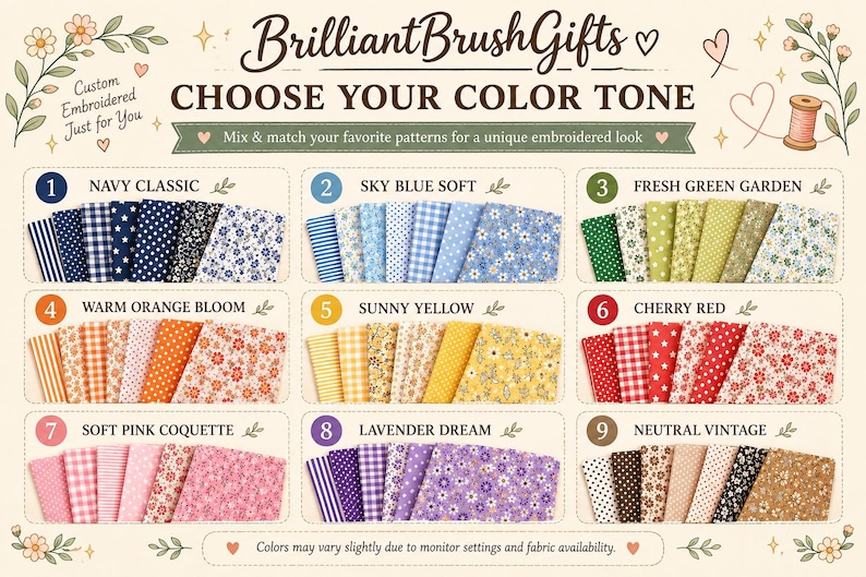 May include: A color chart titled BrilliantBrushGifts featuring nine numbered fabric sets in various shades including navy, blue, green, orange, yellow, red, pink, lavender, and neutral tones, each displaying striped, checkered, and floral patterns.