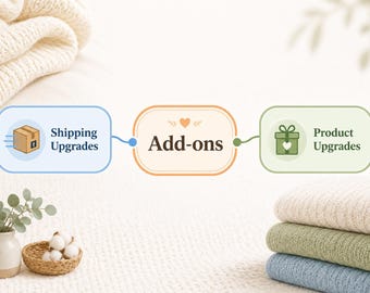May include: A graphic display featuring three rounded rectangular boxes connected by lines. The left box is light blue with a brown shipping box icon and the text Shipping Upgrades. The center box is peach with a heart icon and the text Add-ons.