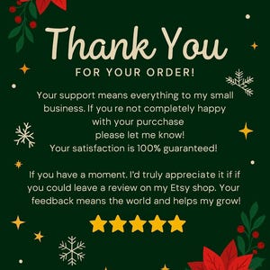 Pode incluir: Um cart&atilde;o verde festivo com as palavras "Thank You FOR YOUR ORDER!" em escrita branca. O cart&atilde;o apresenta estrelas-de-natal vermelhas, flocos de neve e estrelas douradas. O texto expressa gratid&atilde;o e incentiva as avalia&ccedil;&otilde;es da loja Etsy.