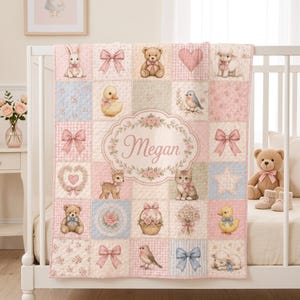 May include: A quilted baby blanket featuring a patchwork design with illustrations of teddy bears, bunnies, lambs, kittens, birds, bows, and flowers. The center oval frame displays the name Megan in cursive script on a soft pink and cream background.