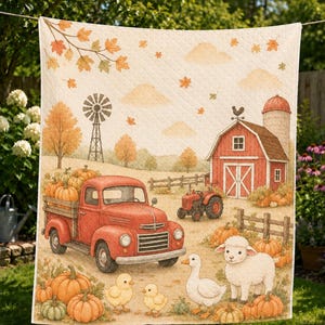 Autumn Farm Cotton Quilt Blanket, Pumpkin Patch Baby Nursery Bedding with Barn and Animals