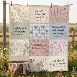 Christian Quilt Blanket, Bible Verse Scripture Throw, Floral Patchwork Quilt, Faith Gift for Women, Religious Home Decor