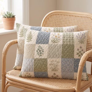 May include: Two rectangular quilted throw pillows featuring a patchwork design of botanical illustrations, including ferns, lavender, and wildflowers, alongside blue and green striped and floral fabric squares in a soft, muted color palette.