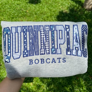 May include: A light gray sweatshirt featuring the word QUINNIPIAC in large, block-style letters filled with various blue and white patterns, including stripes, polka dots, and florals, with the word BOBCATS embroidered in blue below.