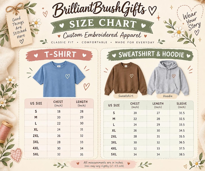 May include: A size chart for custom embroidered apparel by BrilliantBrushGifts featuring a blue t-shirt, a brown sweatshirt, and a gray hoodie. The chart displays US sizes, chest, length, and sleeve measurements in inches for each garment type.