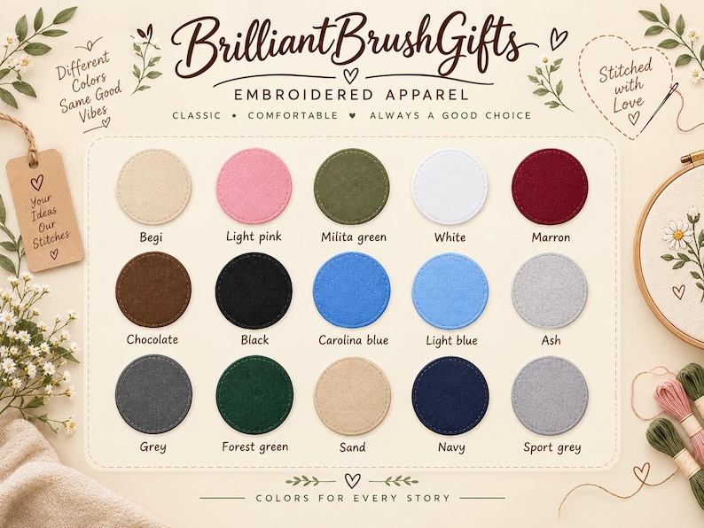May include: A color chart for BrilliantBrushGifts embroidered apparel featuring fifteen circular fabric swatches in beige, light pink, military green, white, maroon, chocolate, black, Carolina blue, light blue, ash, grey, forest green, sand, navy, and sport grey.