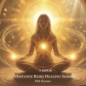 May include: A digital graphic featuring a person in a meditative lotus position surrounded by golden light and intricate geometric patterns. The text reads 1 HOUR DISTANCE REIKI HEALING SESSION PDF REPORT in white lettering centered at the bottom.