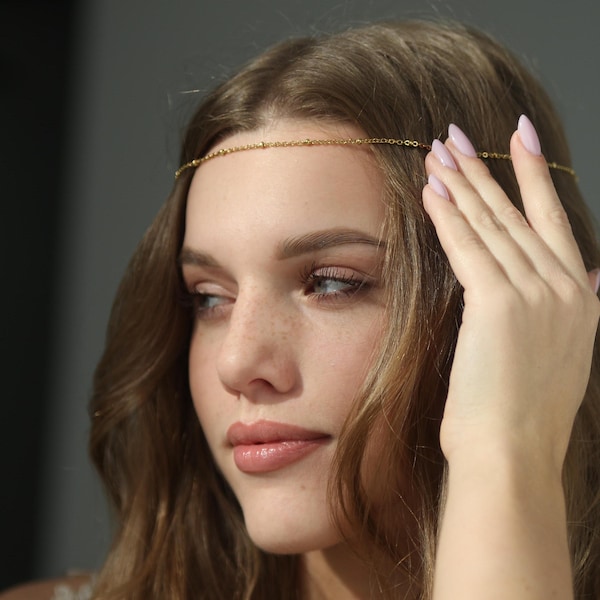 Silver or Gold Ball Head Chain, Modern Boho Hair Jewelry, Bridal Hairpiece for Wedding, Minimalist Festival Head Accessory, Gift for Women