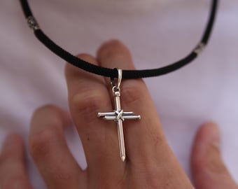 Silver Nail Cross Pendant, Unique Religious Necklace, Gothic Style Cross Charm, Men&#39;s Silver Necklace, Christian Jewelry, Gift for Him