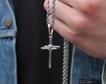 925 Silver Nail Cross Pendant, Cross Necklace For Men, Handcrafted Religious Jewelry, Christian Necklace, Protection Necklace Gift for Him