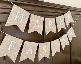 HAPPY EASTER BANNER-Reusable-Felt Square Pennant Banner-Party Decor-Easter Decor-Easter Garland-Neutral Home Decor-Sustainable
