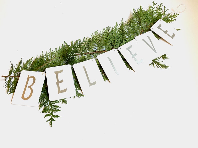 BELIEVE Christmas Banner with jingle bells-jingle bell garland-choose silver or gold-Christmas Decoration Greenery not included image 3