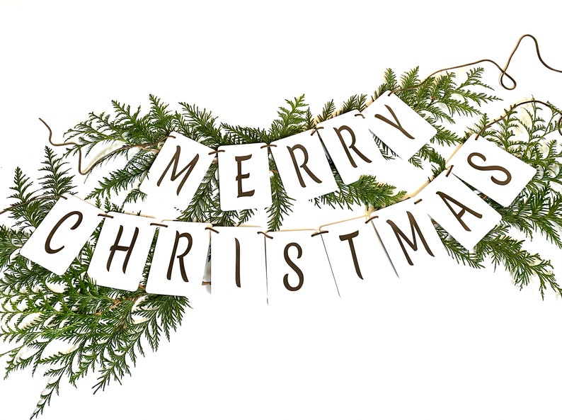 Merry Christmas Banner-White Christmas Banner brown letters/brown suede cord-Christmas Banner-Christmas decor-Greenery not included image 2