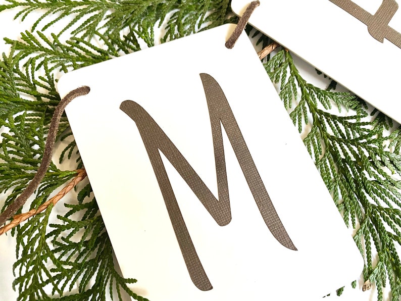 Merry Christmas Banner-White Christmas Banner brown letters/brown suede cord-Christmas Banner-Christmas decor-Greenery not included image 3