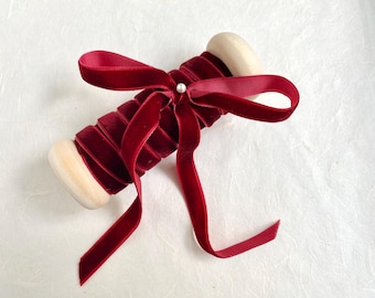 Red Velvet Ribbon, 3/8 Inch, 15 Ft on Handmade Spool, single side velvet