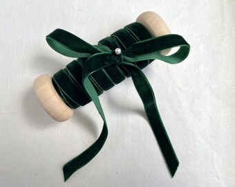 Green Velvet Ribbon, 3/8 Inch, 15 ft on Handmade Spool
