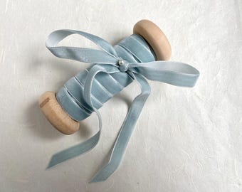 Dusty Blue Velvet Ribbon, 3/8 Inch, 15 Ft on Handmade Spool, single side velvet