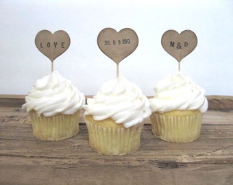 WEDDING Cupcake Toppers - 12 kraft PERSONALIZED HEART cupcake picks - wedding decor, wedding cupcake, personalized, baby shower, birthday