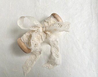 Vintage Cream Lace-36 feet-handmade spool-gift wrap-vintage lace-Christmas wrapping-wedding supply- floral supply-craft supply-sewing