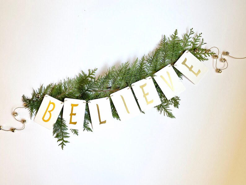 BELIEVE Christmas Banner with jingle bells-jingle bell garland-choose silver or gold-Christmas Decoration Greenery not included image 2
