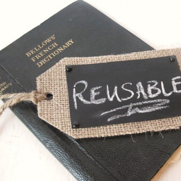 BURLAP Chalk Cloth Tag - original design - REUSABLE - 4 per set