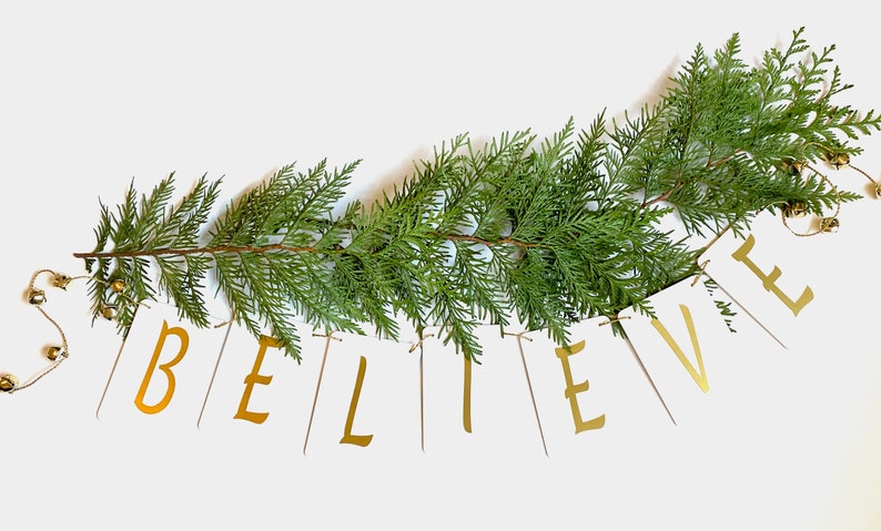 BELIEVE Christmas Banner with jingle bells-jingle bell garland-choose silver or gold-Christmas Decoration Greenery not included image 4