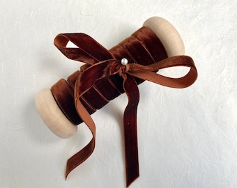 Brown Velvet Ribbon, 3/8 Inch, 15 Ft on Handmade Spool, single side velvet