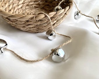 Jingle Bell Garland, Silver Christmas Decor, Jute Twine (6 ft)