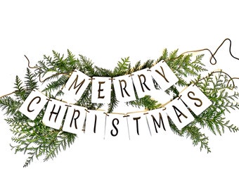 Merry Christmas Banner-White Christmas Banner brown letters/brown suede cord-Christmas Banner-Christmas decor-Greenery not included