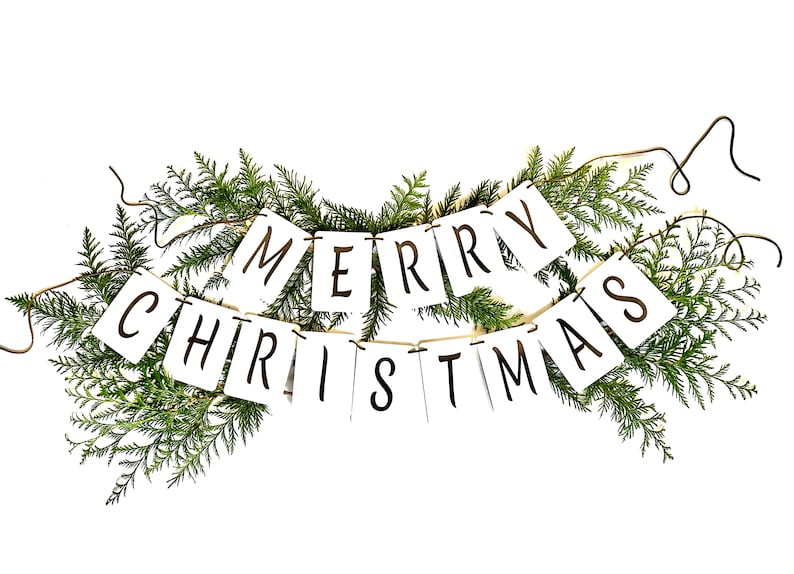Merry Christmas Banner-White Christmas Banner brown letters/brown suede cord-Christmas Banner-Christmas decor-Greenery not included image 1