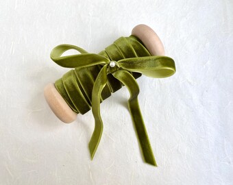 Moss Green Velvet Ribbon, 3/8 Inch, 15 Ft on Handmade Spool, single side velvet